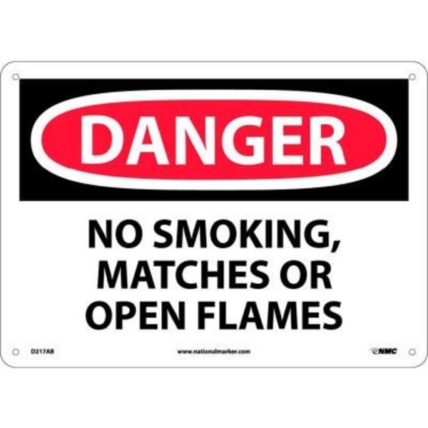 National Marker Co NMC OSHA Sign, Danger No Smoking Matches Or Open Flames, 10in X 14in, White/Red/Black D217AB